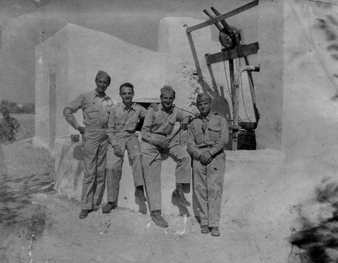 OSS Hans Habe, Alfred de Grazia, Peter Viereck, unknown, Tunisian well, 1943